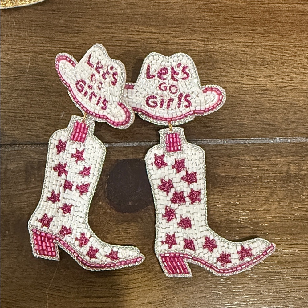 Pink and White Cowgirl Boot Earrings